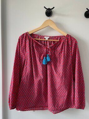 J.Crew 100% Cotton Floral Tassel Blouse | Red/Blue | Medium